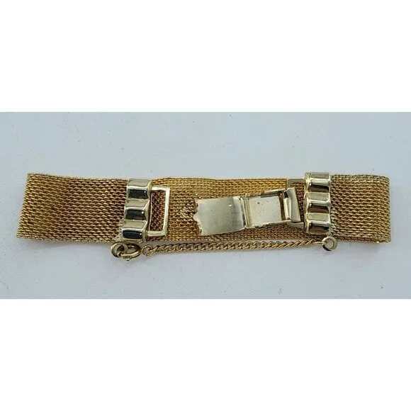 Unbranded Gold Tone Mesh Bracelet w/ Safety Chain Black Flower Cameo Rhinestone - Picture 6 of 8
